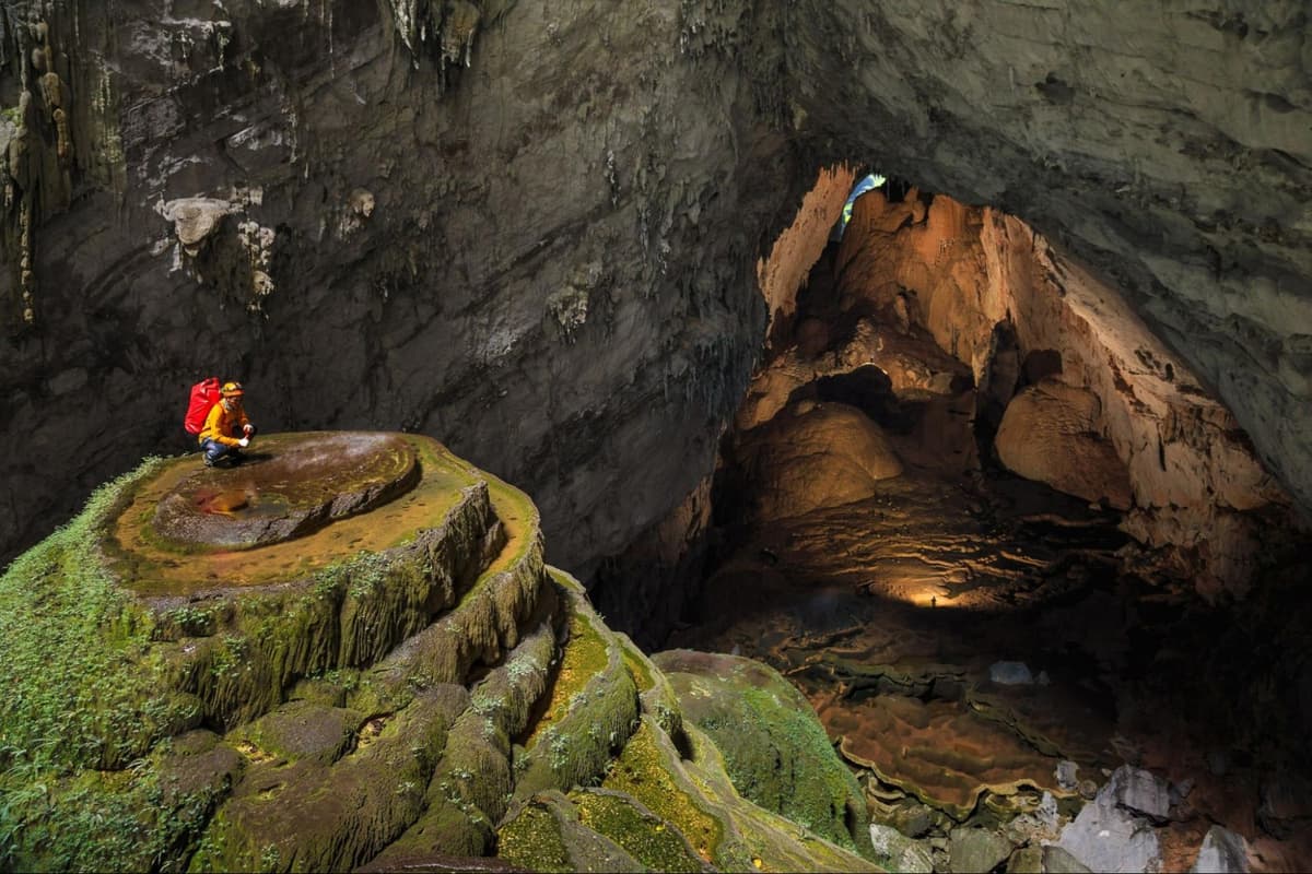 Wedding Cake stalagmite has layered smooth surfaces worn by flowing water over centuries.